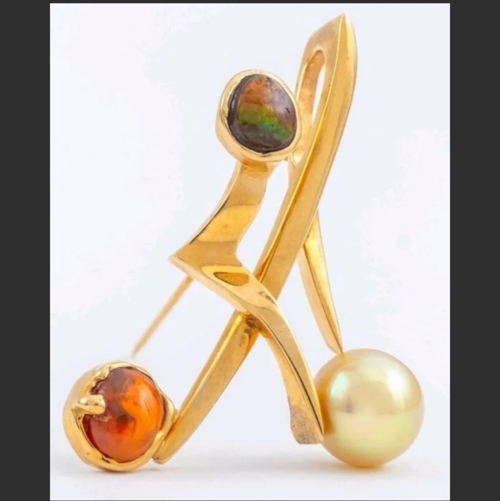 18k Yellow Gold Opal Pearl Ammolite Omega Slide Pendant Brooch Estate Jewelry
